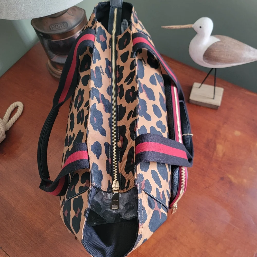 Coach C5668 Court Leopard Print Nylon Tote Pebbled Leather Black Tan Bag